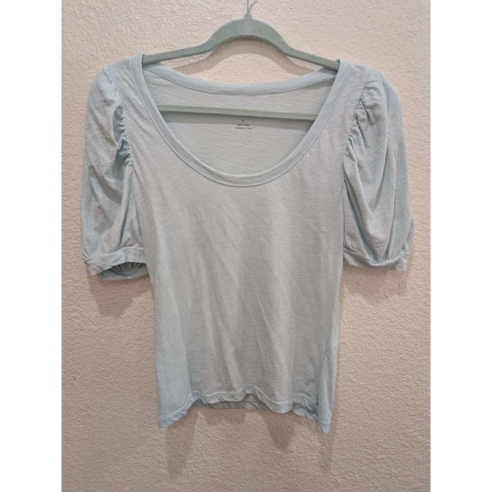 Anthropologie Womens Puff Sleeve Scoop Neck Tee Small Light Blue Soft